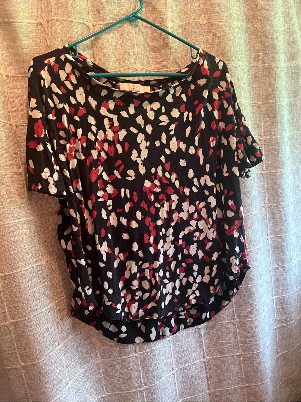 LOFT Navy Short-Sleeve Blouse with White and Red Spot Print